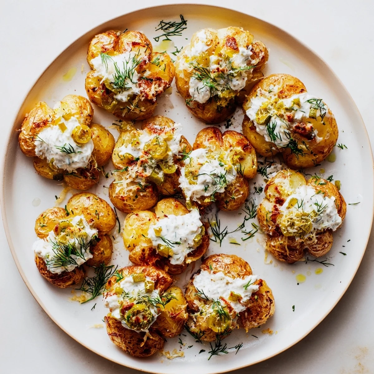Golden crispy smashed potatoes drizzled with creamy ranch and topped with chopped dill pickles