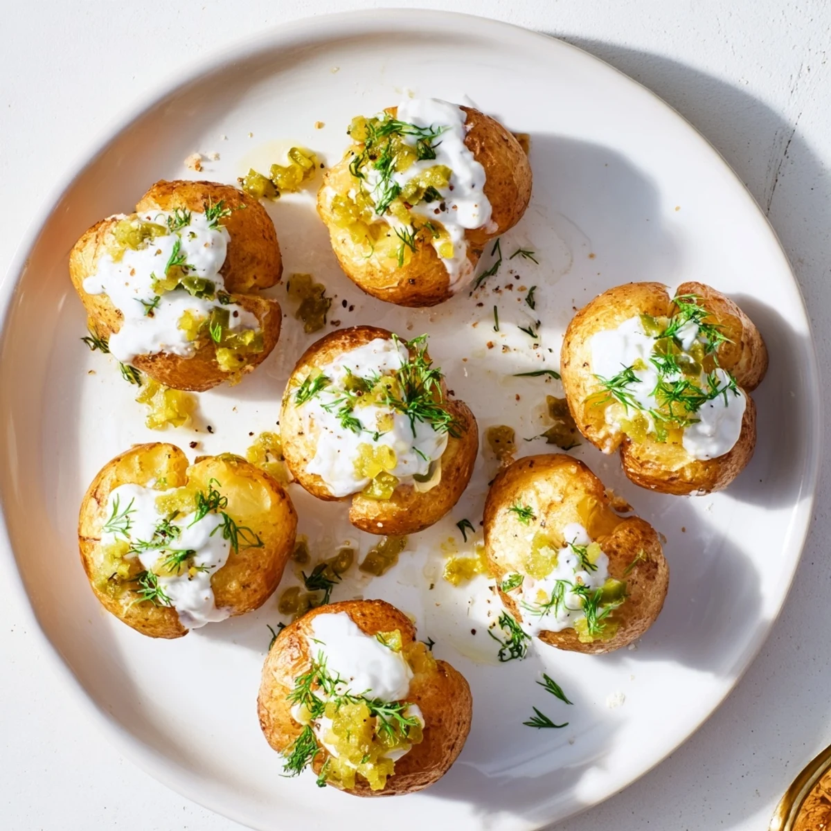 Party appetizer of smashed potatoes smothered in ranch sauce and sprinkled with dill pickles