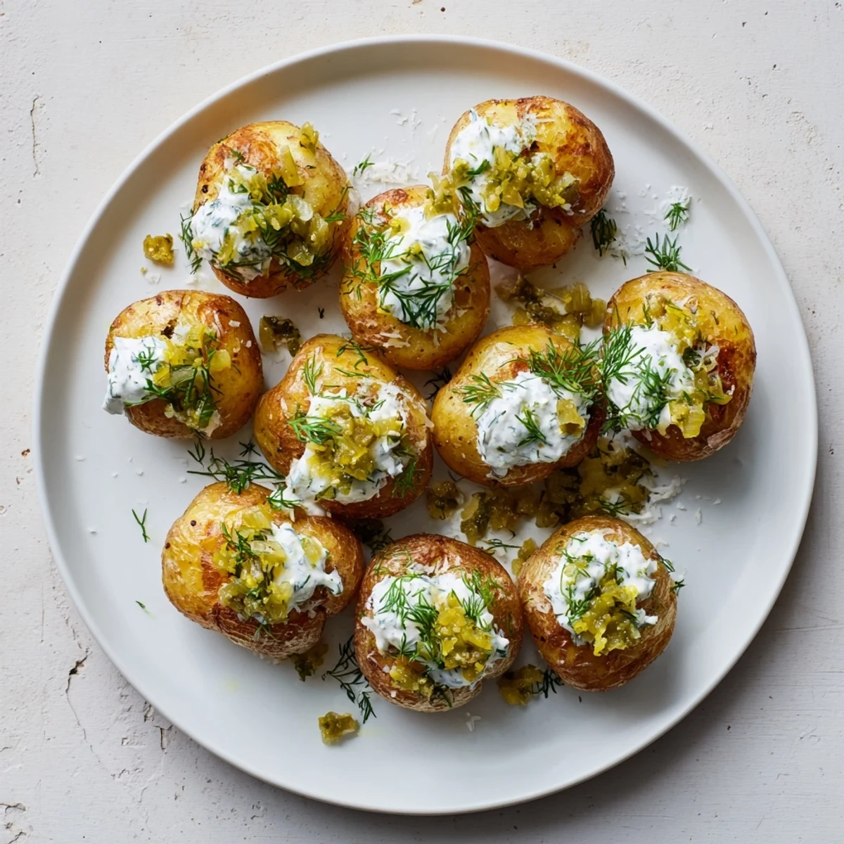 Dill pickle ranch smash featuring crispy baby potatoes loaded with tangy pickles and fresh herbs