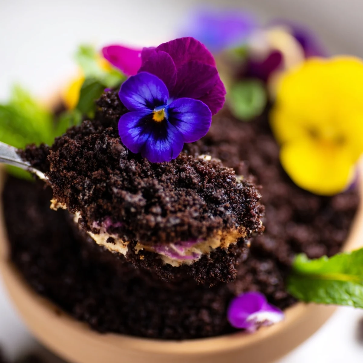 Whimsical edible potted floral garden dessert featuring chocolate cake layers topped with vibrant edible flowers and fresh mint sprouts