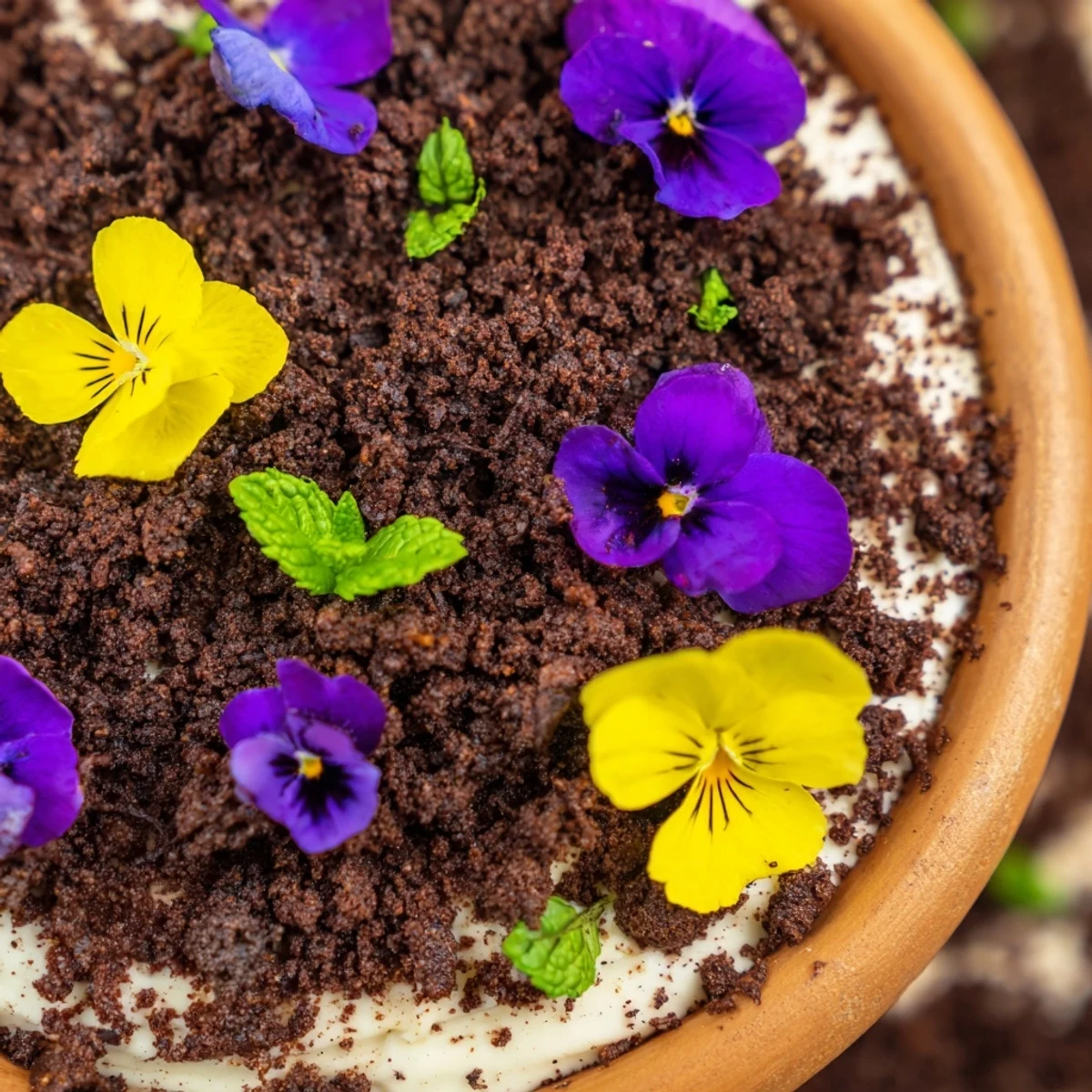 Chocolate dessert in a flower pot with creamy filling, cookie crumb soil, and colorful pansies and violets arranged artistically