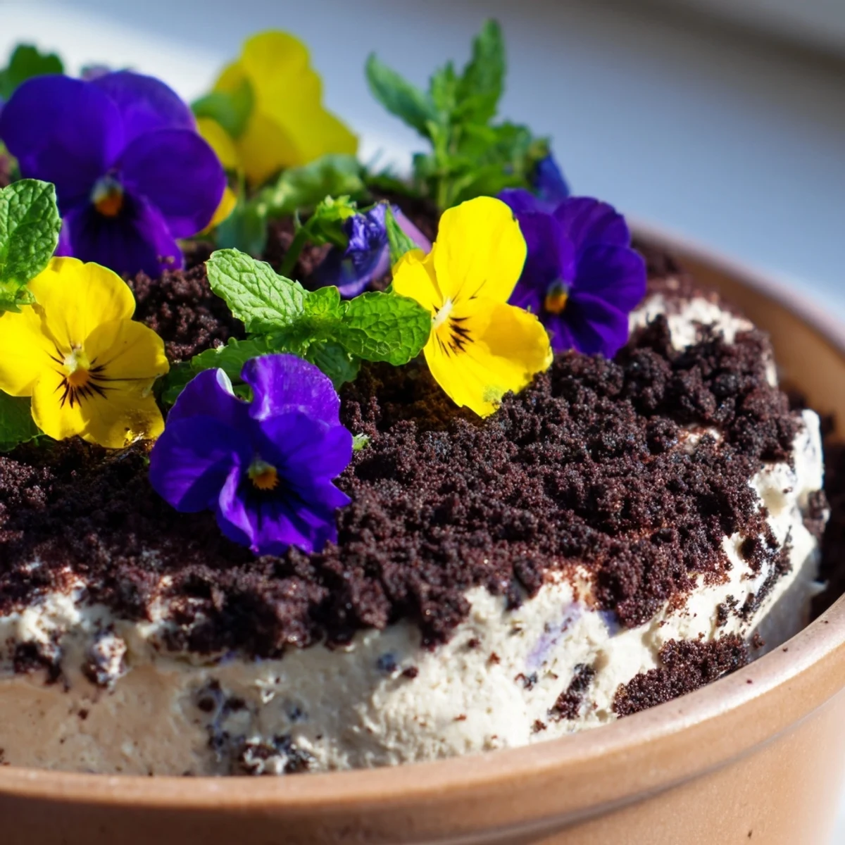 Decorative edible potted floral garden showing layered chocolate cake with whipped cream, chocolate soil, and blooming edible flowers garnish