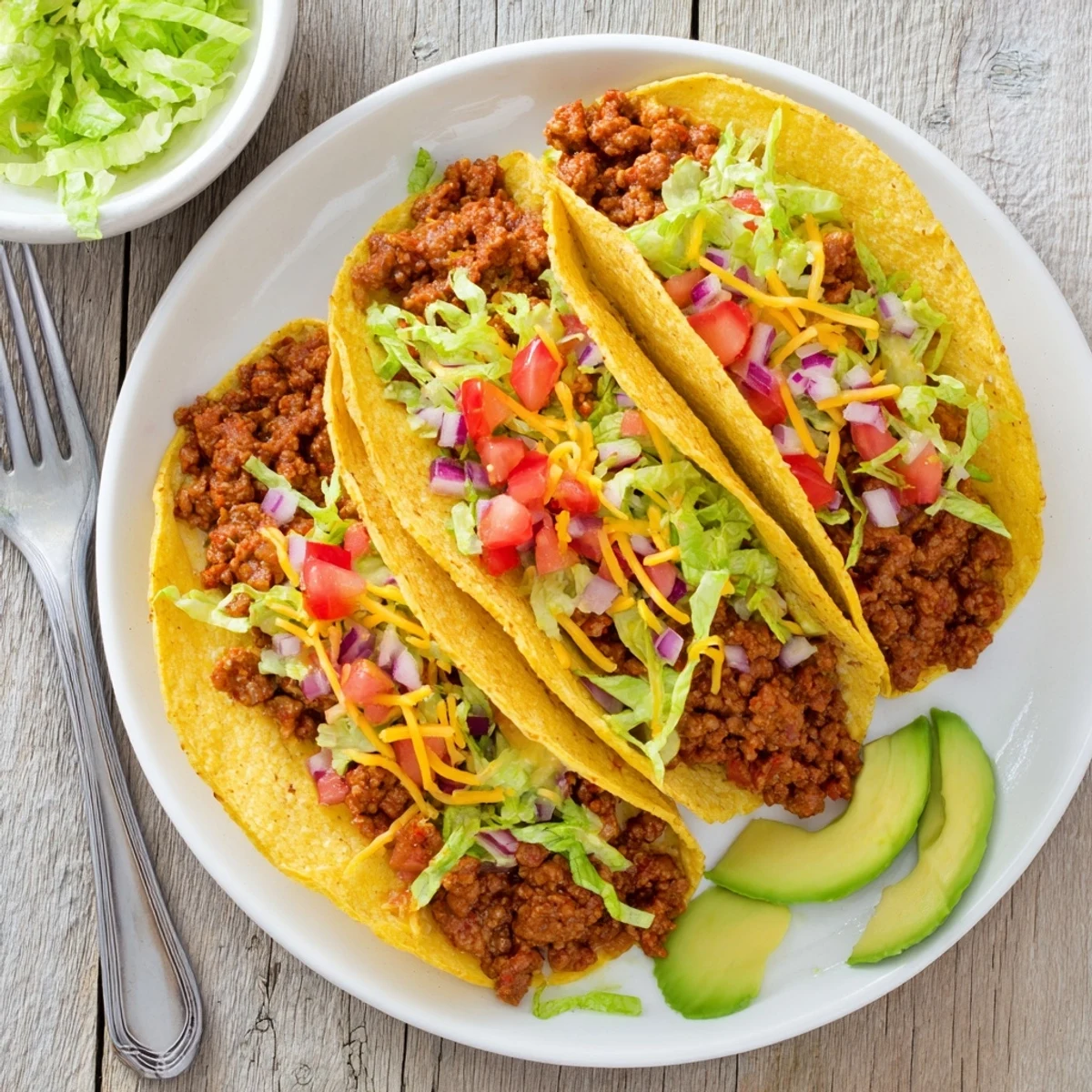 Hearty ground beef tacos spiced with homemade seasoning piled high with vibrant pico de gallo shredded lettuce and creamy avocado slices