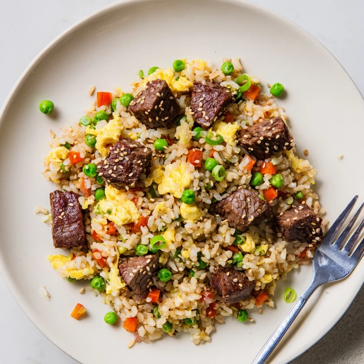 Blackstone hibachi steak fried rice featuring tender beef cubes with colorful vegetables on a sizzling griddle