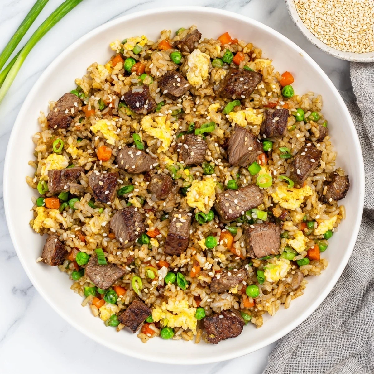 Plate of hibachi steak fried rice garnished with sesame seeds and green onions, hot and ready to serve