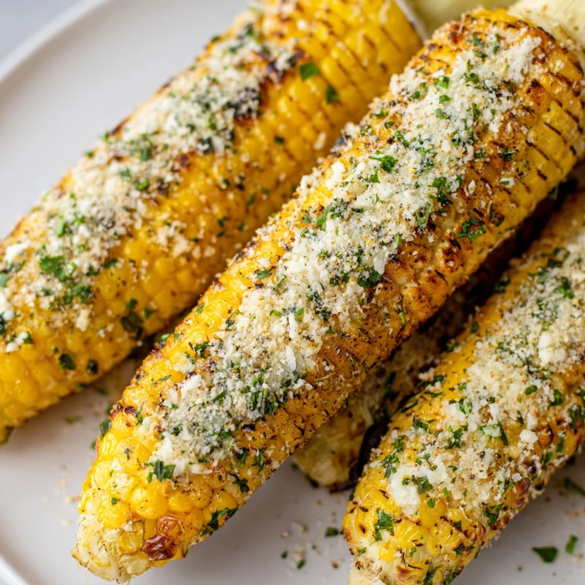 Flame-grilled corn on the cob coated with zesty parmesan ranch herb mixture and fresh chopped parsley
