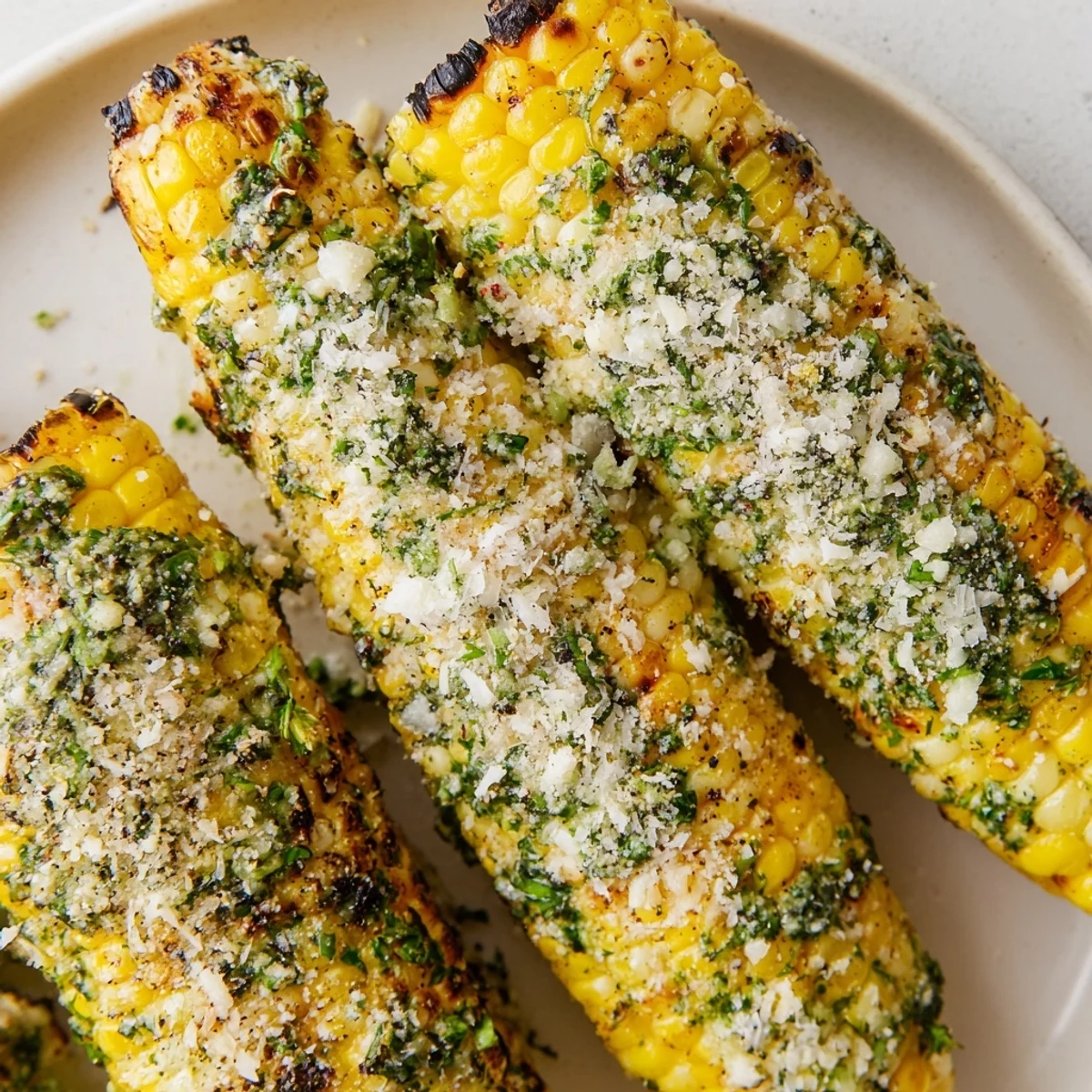 Charred sweet corn ears topped with melted herb butter and tangy parmesan ranch coating for summer grilling