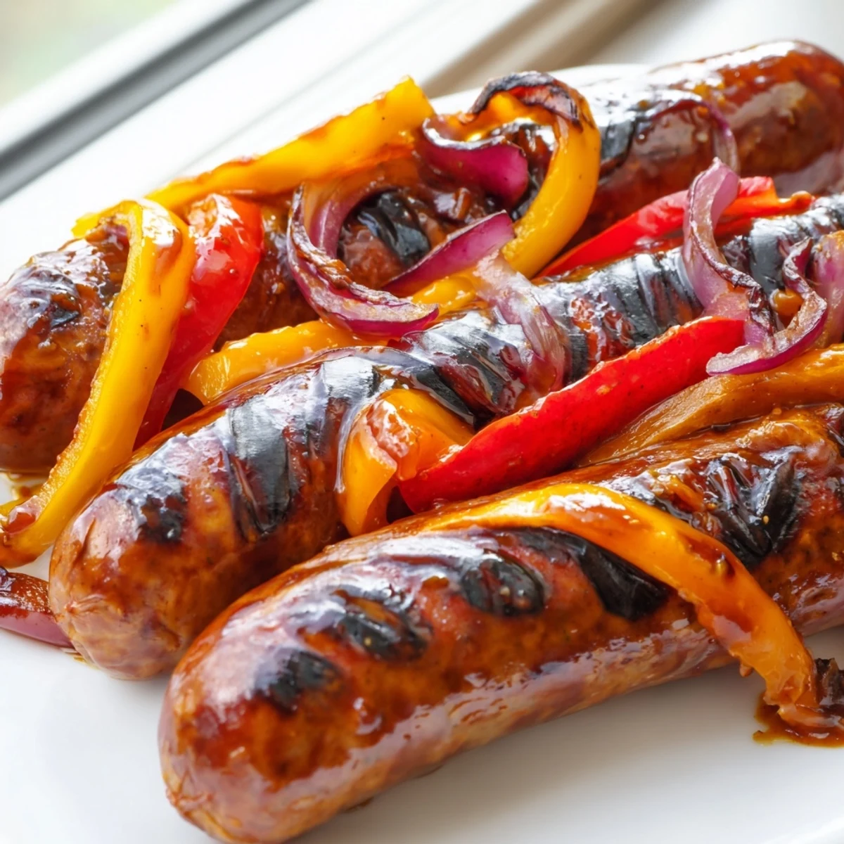 Grilled BBQ beef sausage with colorful peppers and caramelized onions coated in tangy mustard honey glaze