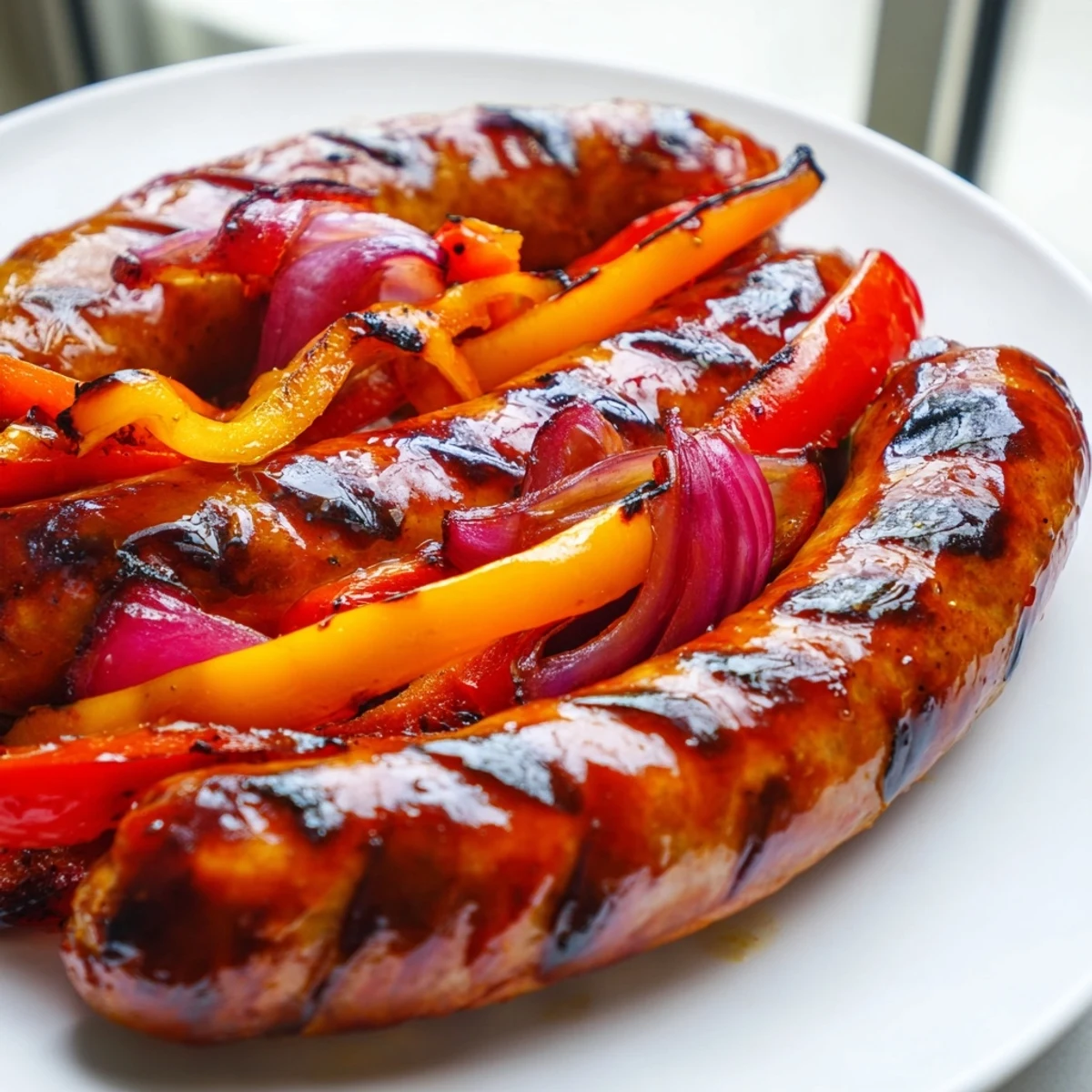 Juicy grilled beef sausage paired with sweet bell peppers and red onions drizzled with zesty mustard BBQ sauce