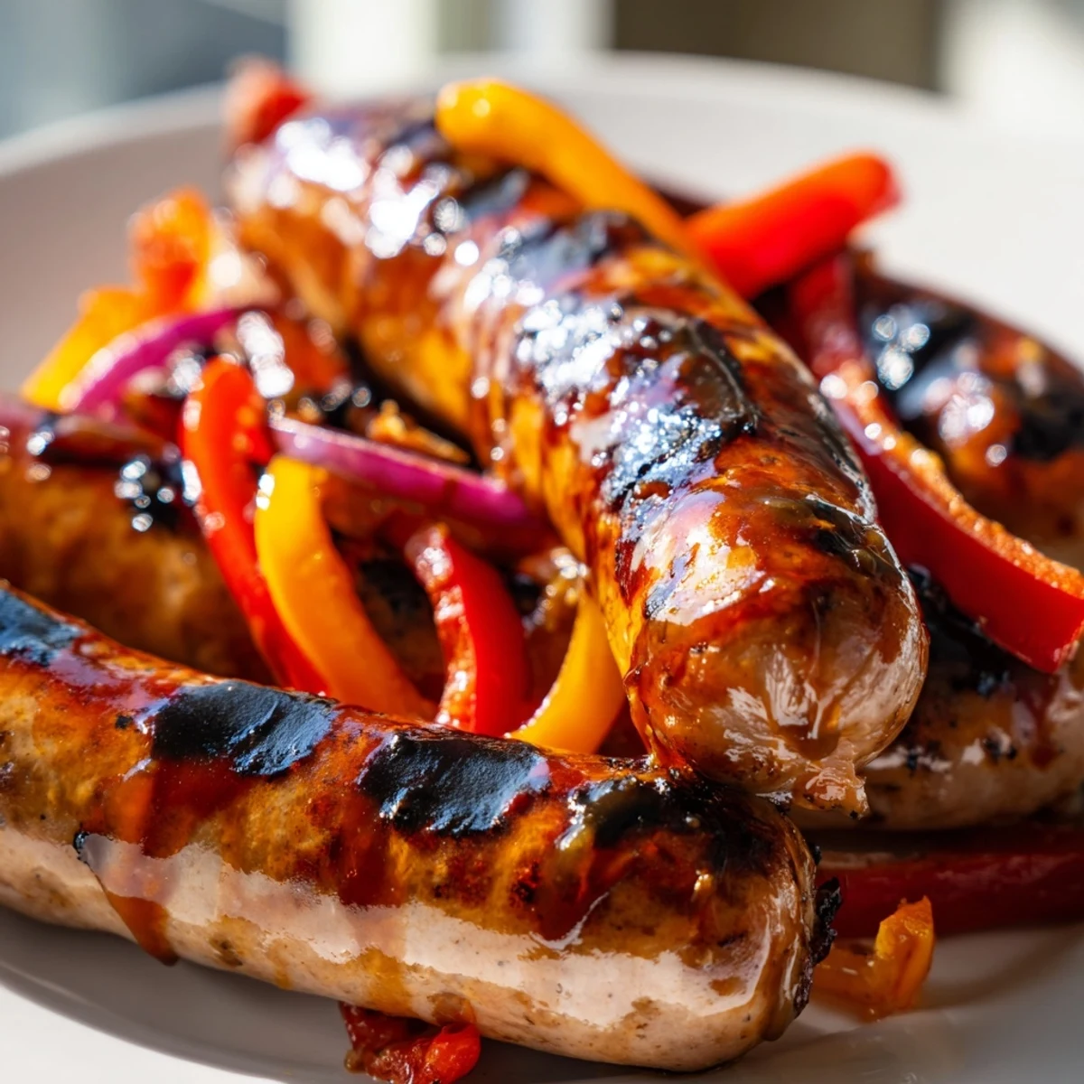 Perfectly charred beef sausage nestled alongside tender grilled peppers and onions finished with a sticky sweet mustard glaze