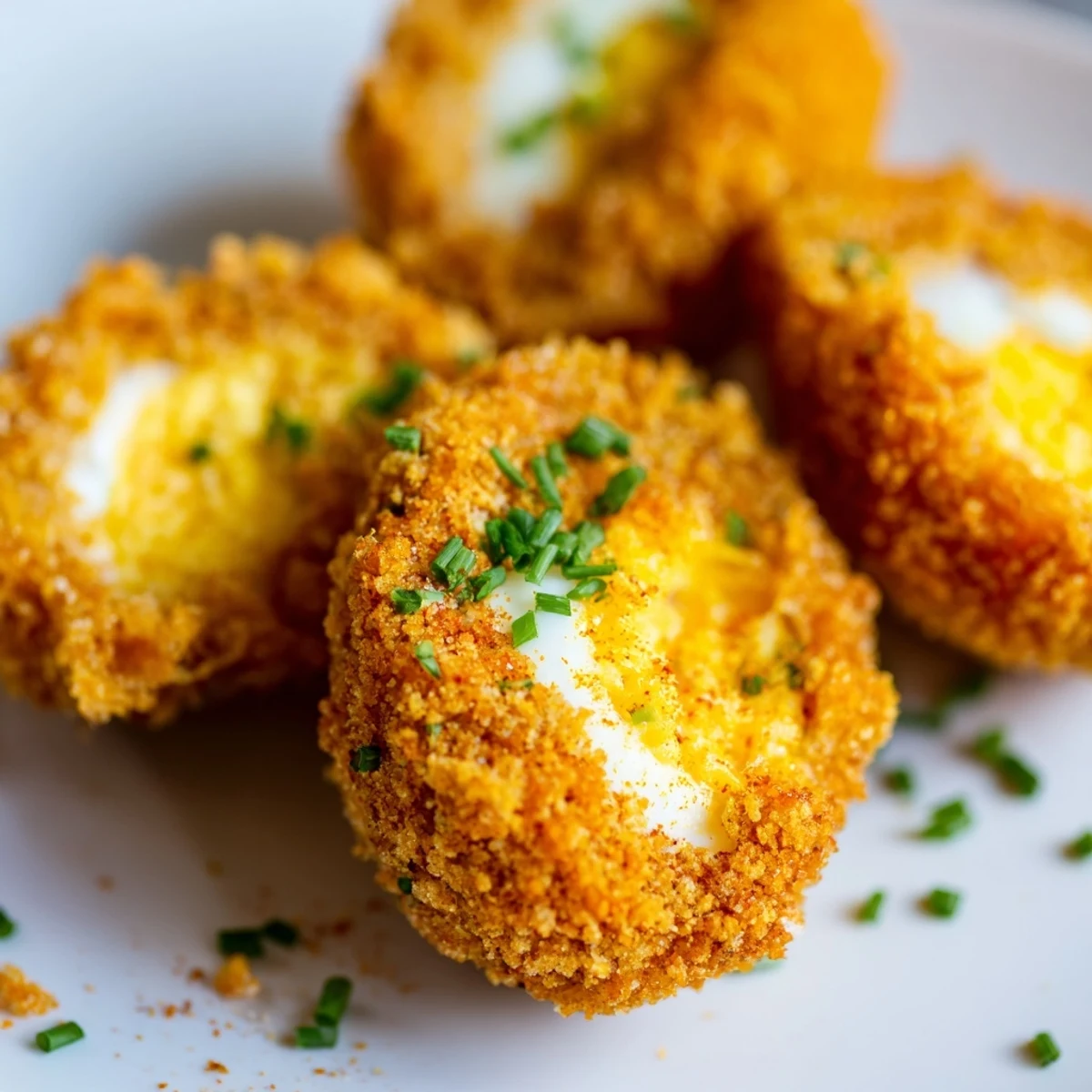 Golden brown fried deviled eggs with creamy yolk filling and crispy panko coating garnished with fresh chives