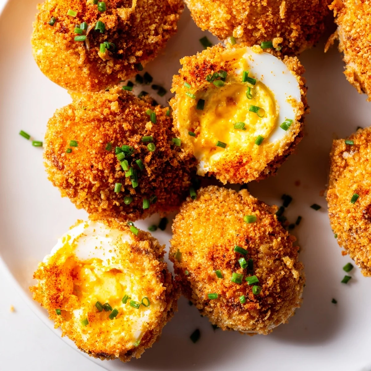 Fried deviled eggs arranged on serving plate with paprika dusted breaded exteriors and smooth mustard mayonnaise centers