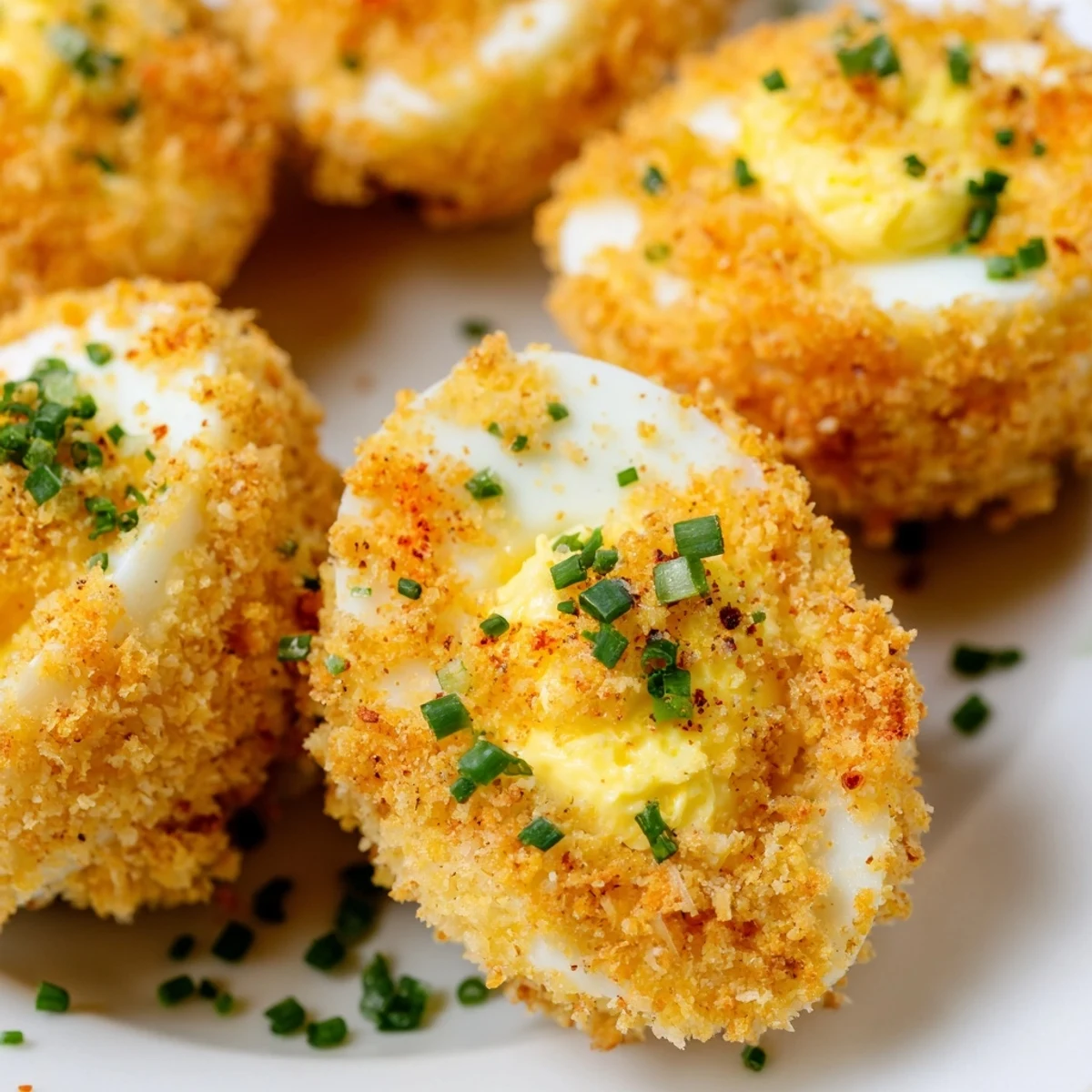 Crispy fried deviled eggs hot from skillet showing golden crust and savory stuffed yolk mixture with green onion garnish