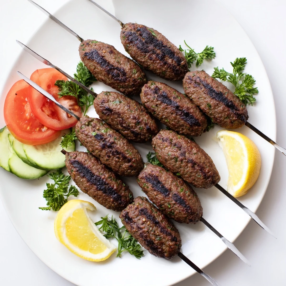 Juicy Middle Eastern spiced beef kofta kebabs served on wooden skewers with lemon wedges