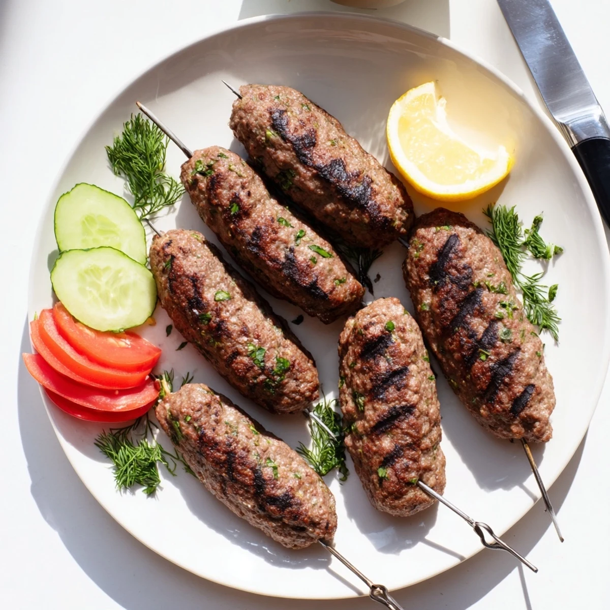 Golden brown beef kofta kebabs grilled to perfection with charred edges and fresh herb garnish
