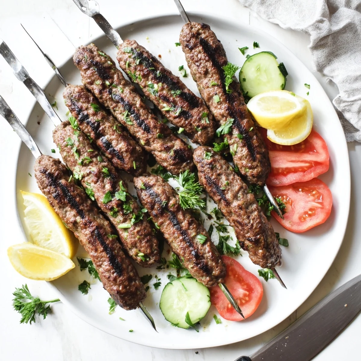 Savory ground beef kofta kebabs with aromatic spices nestled beside warm pita bread and sliced vegetables