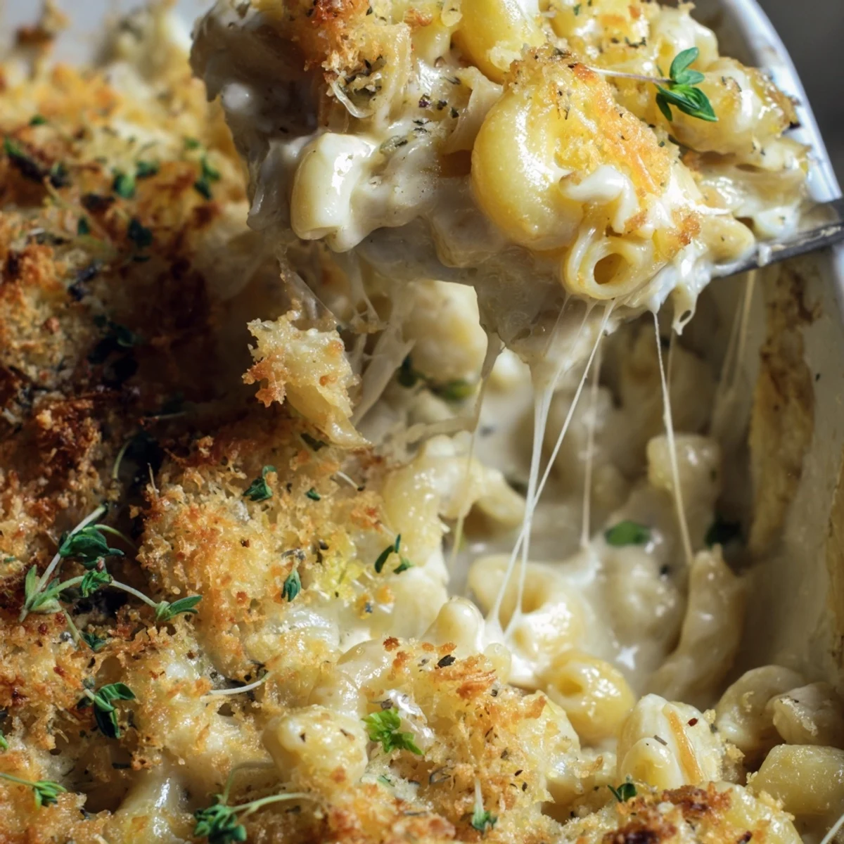 Creamy French onion mac and cheese topped with golden breadcrumbs and melted Gruyère cheese bubbling in a baking dish