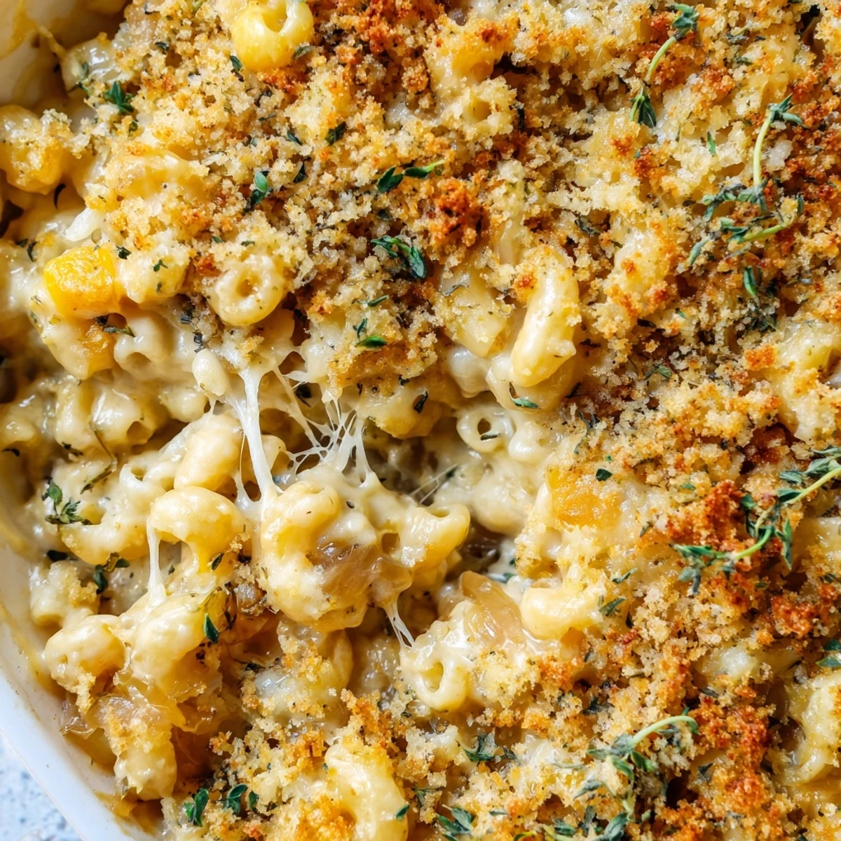 French onion mac and cheese with sweet caramelized onions mixed through cheesy pasta and crispy panko topping
