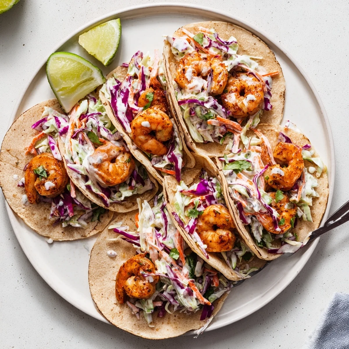 Golden pan-seared shrimp tacos topped with colorful cabbage slaw and fresh cilantro on warm tortillas