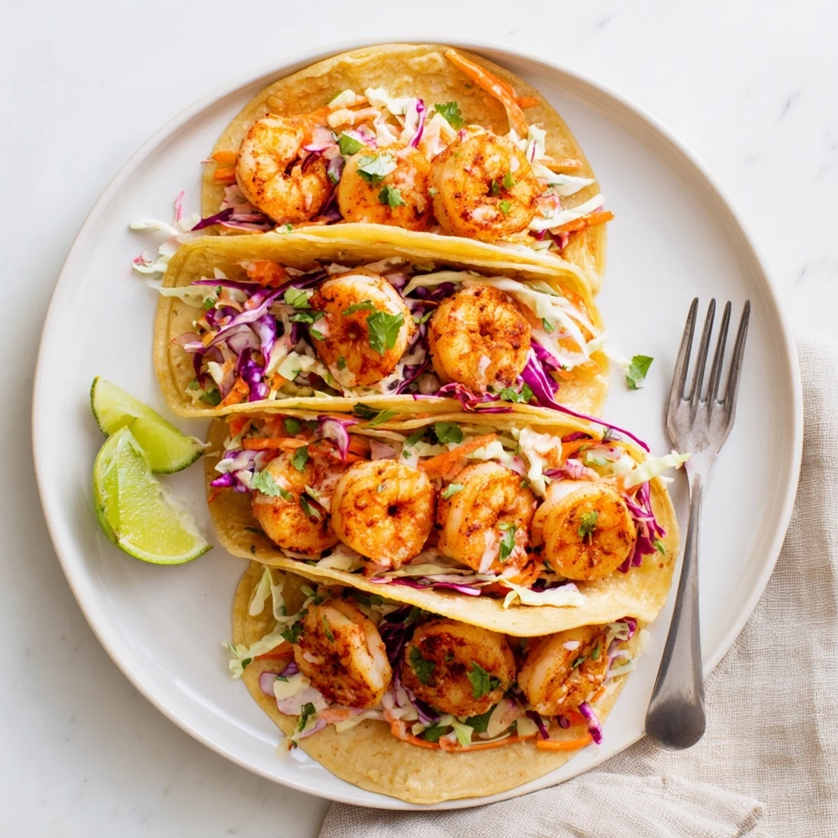 Easy shrimp tacos with seasoned seafood piled high atop crunchy purple cabbage slaw and warm flour tortillas