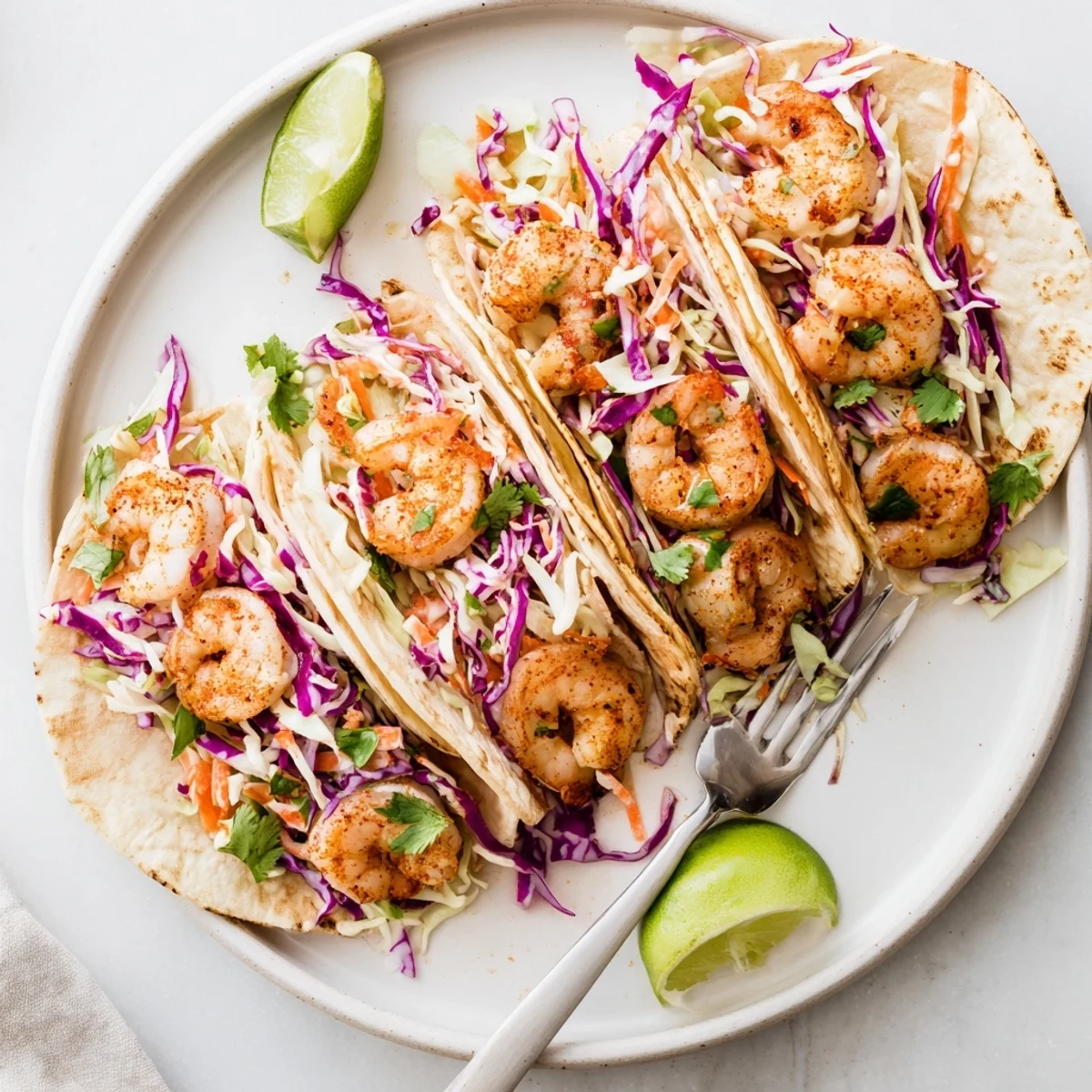 Spicy shrimp nestled in corn tortillas with crisp tangy coleslaw and lime wedges for garnish