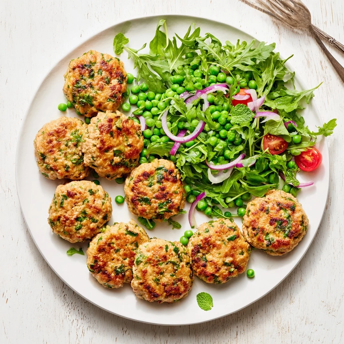 Golden brown turkey patties with smoked paprika served beside vibrant arugula pea salad with cherry tomatoes