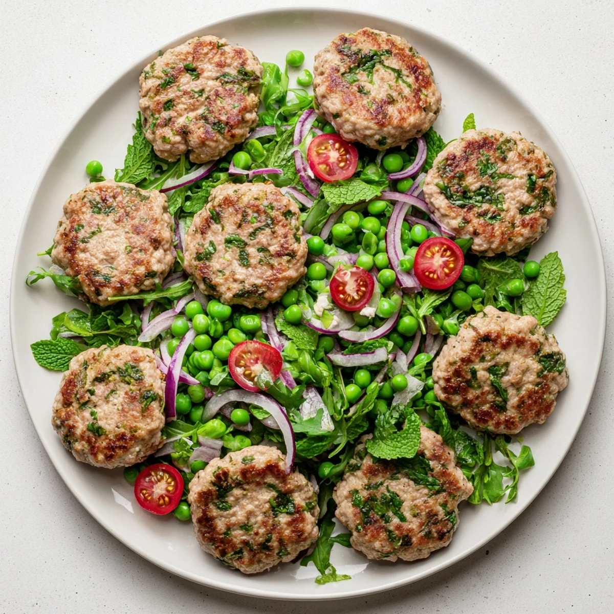 Savory turkey patties with Dijon mustard garnished with a refreshing pea and arugula salad side dish