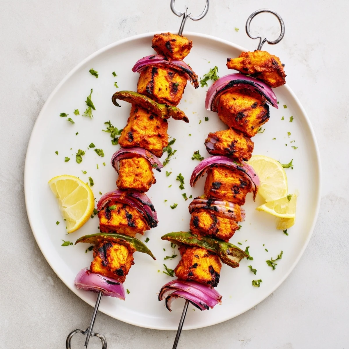 Tandoori Chicken Tikka Skewers sizzling on the grill with charred edges