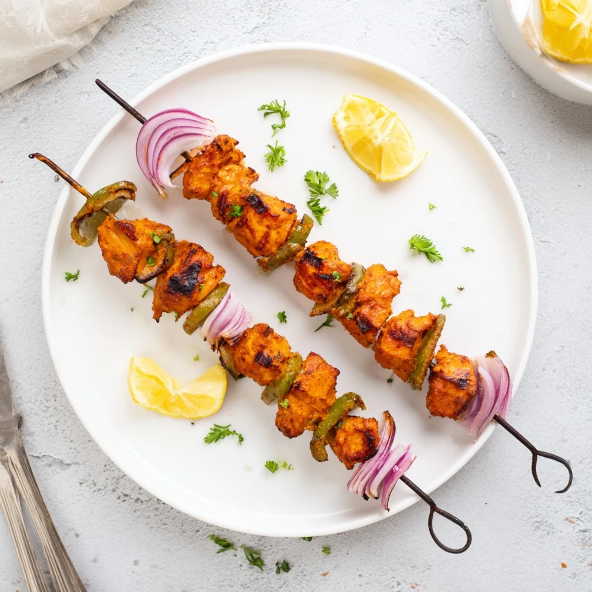 Plated Tandoori Chicken Tikka Skewers with naan and cooling mint chutney