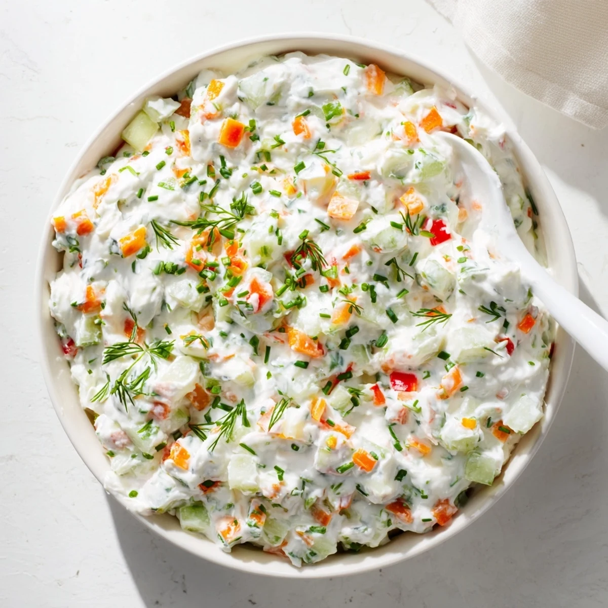 Creamy fresh vegetable spring garden dip served in a white bowl with colorful diced vegetables and herbs visible throughout