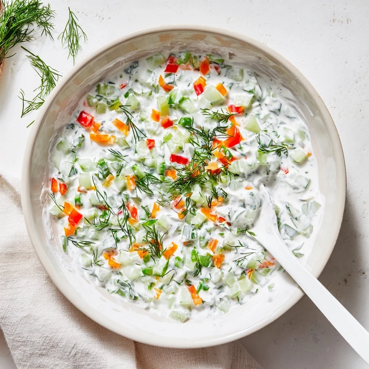 Garden-fresh vegetable dip featuring vibrant red pepper, green herbs, and grated carrots atop a smooth Greek yogurt base