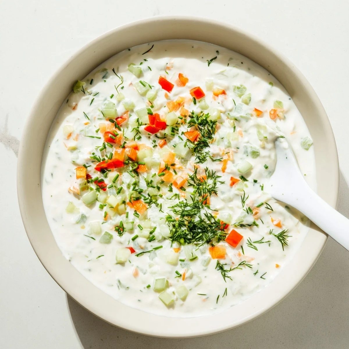 Light and tangy spring garden dip with crisp cucumber, grated carrot, and bell pepper chunks surrounded by fresh herb garnish