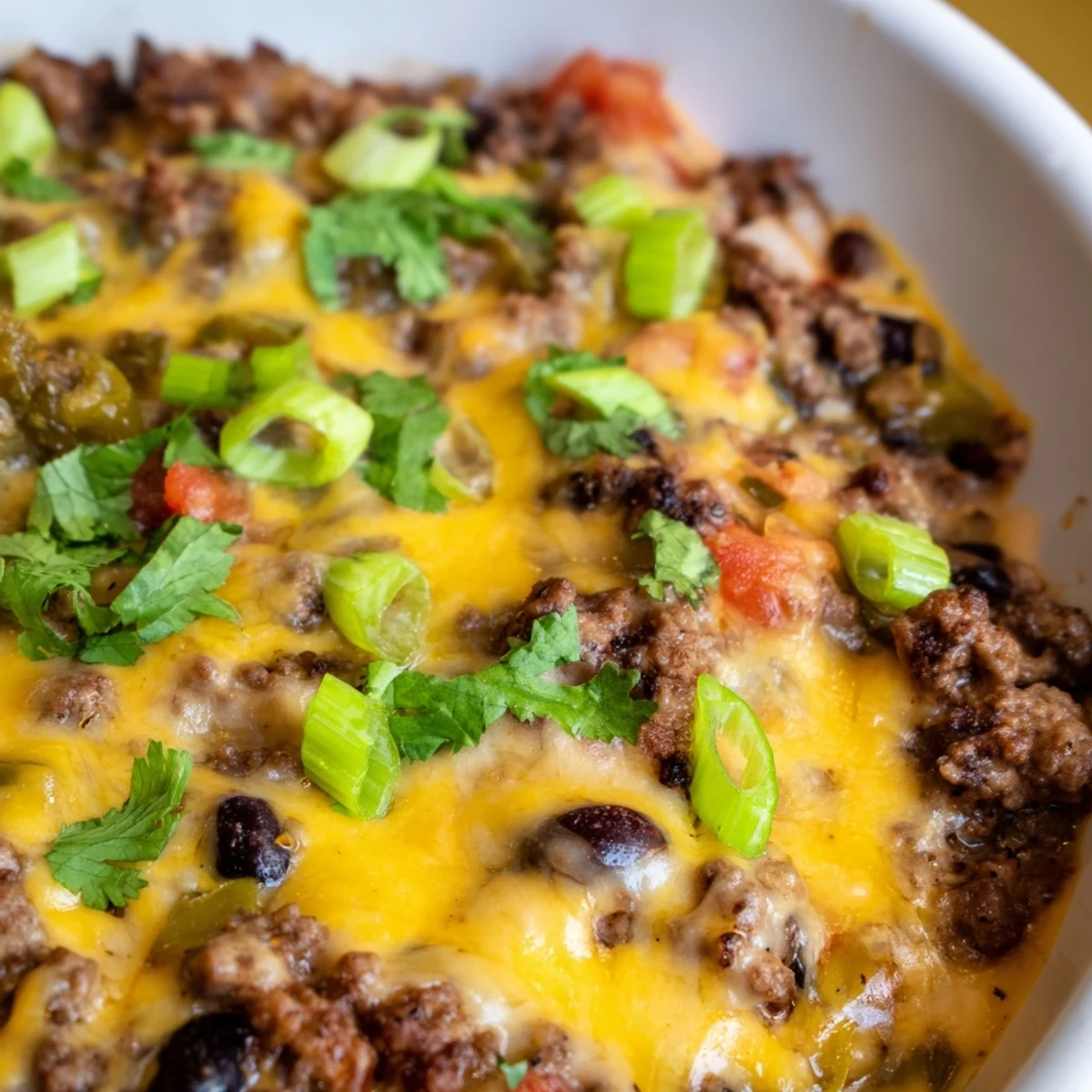 Golden Super Nachos Dip bubbling with melted cheddar and Monterey Jack cheeses over seasoned ground beef and black beans
