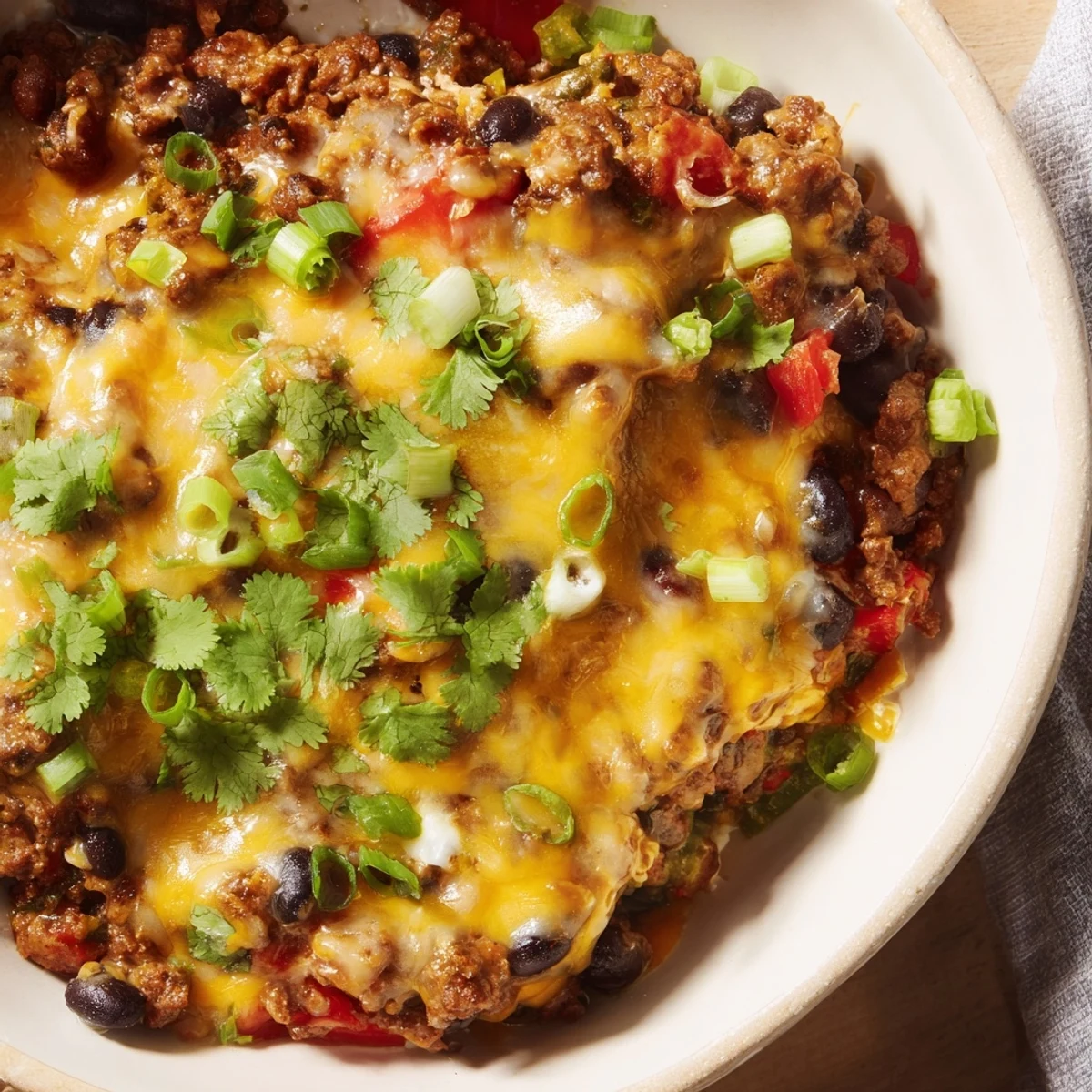 Sizzling skillet of Super Nachos Dip featuring layered beans diced tomatoes and spicy jalapeños in a rich cheese blend