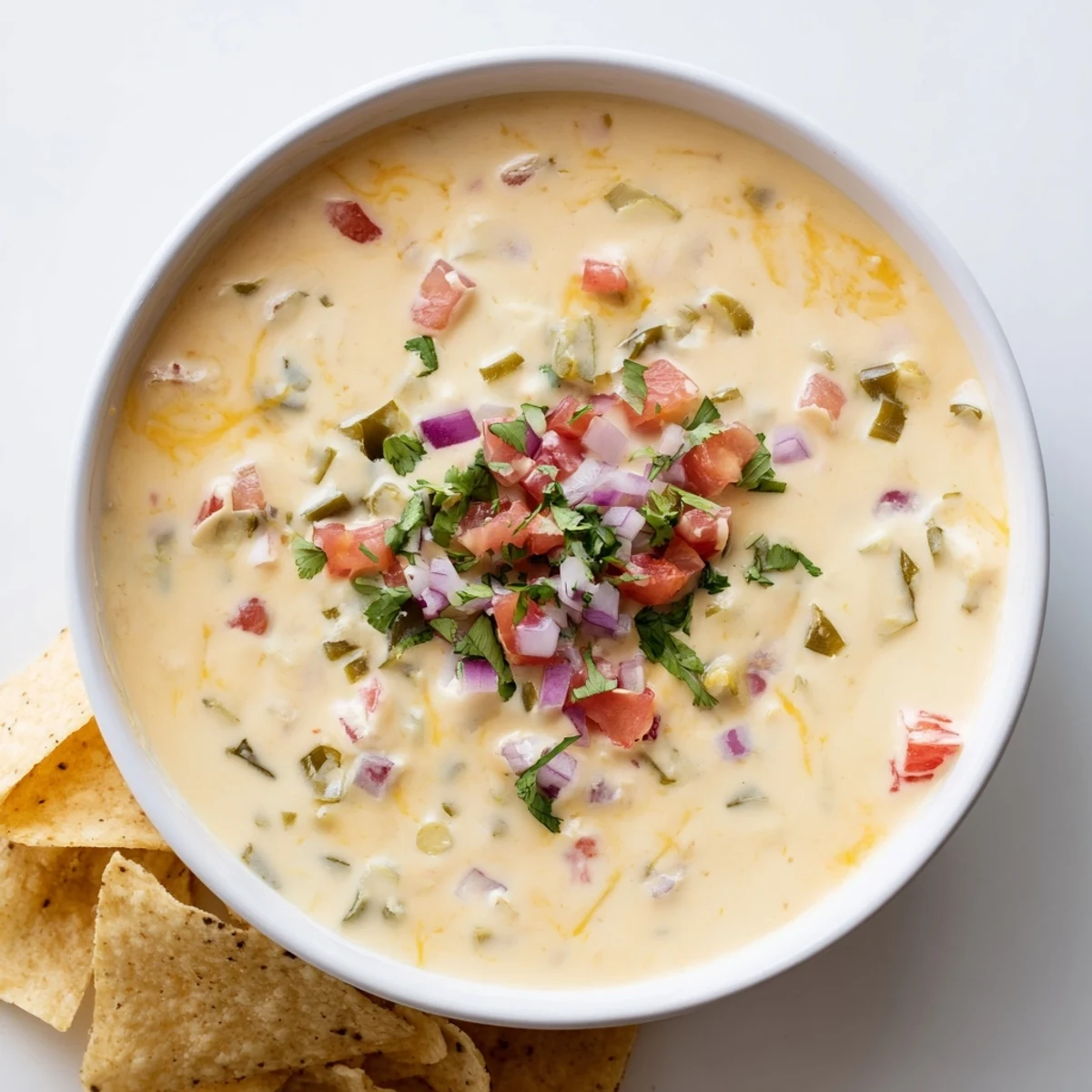 Creamy green chile queso dip bubbling in a white bowl with crispy tortilla chips