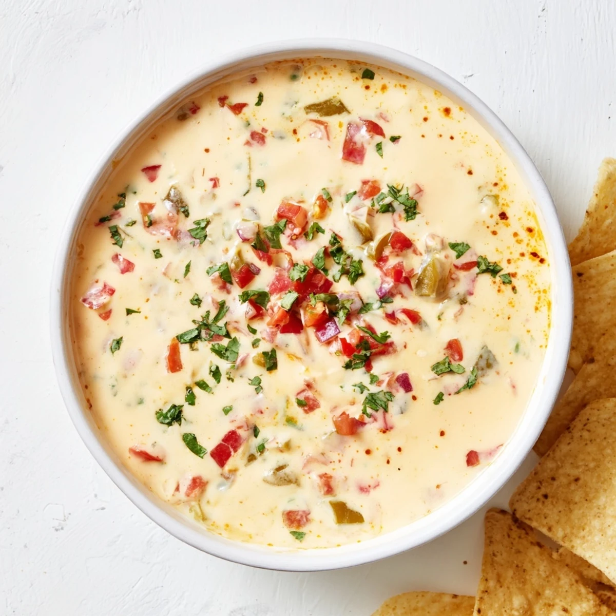 Steamy homemade green chile queso dip drizzled over nachos with diced tomato garnish