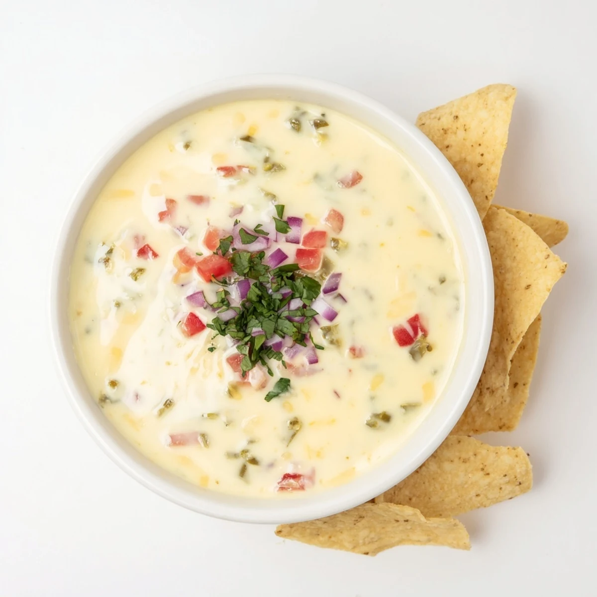 Golden green chile queso dip topped with fresh cilantro and served alongside salty tortilla chips