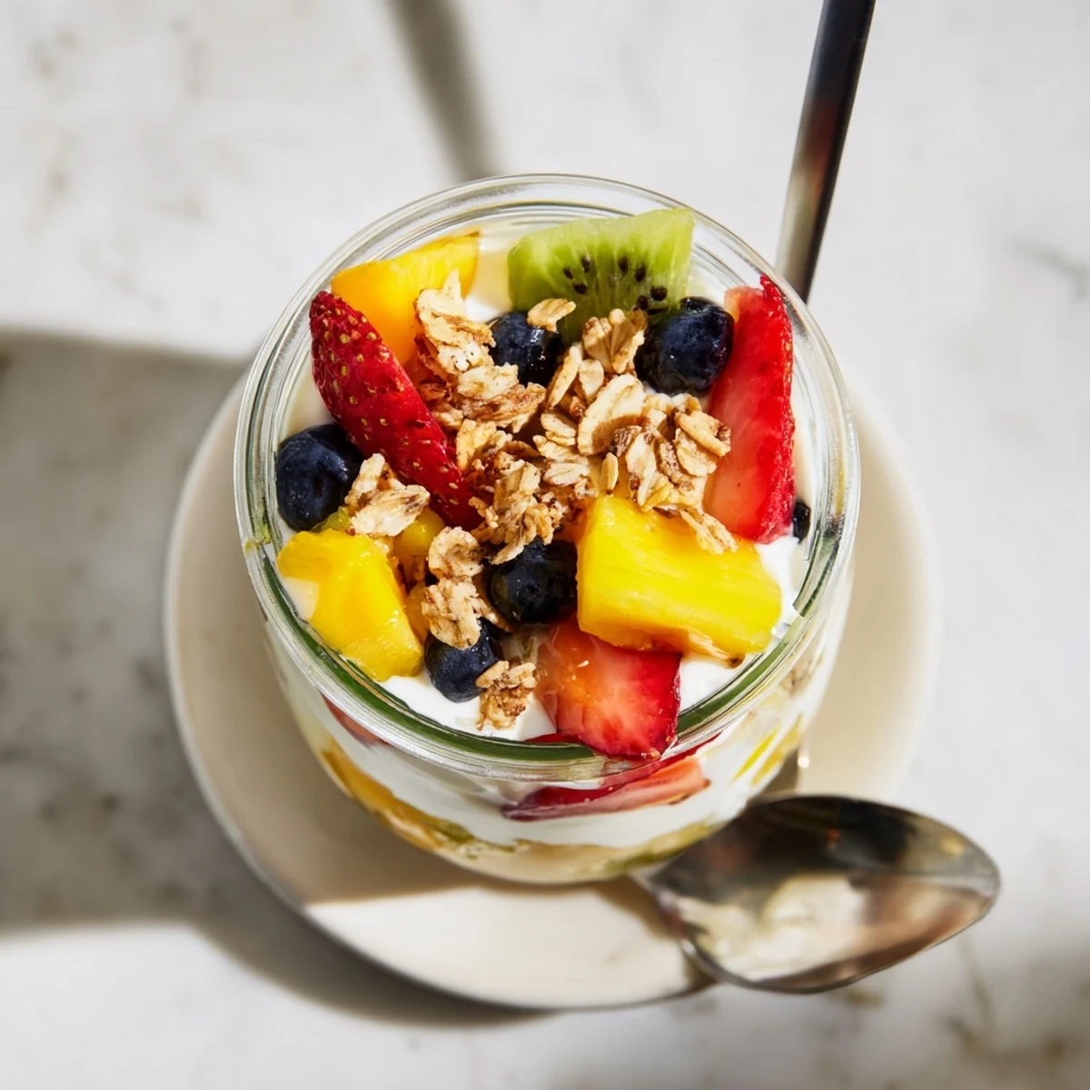 Layered yogurt parfait recipe with honey, fresh strawberries, blueberries, mango, kiwi, and crunchy granola topping