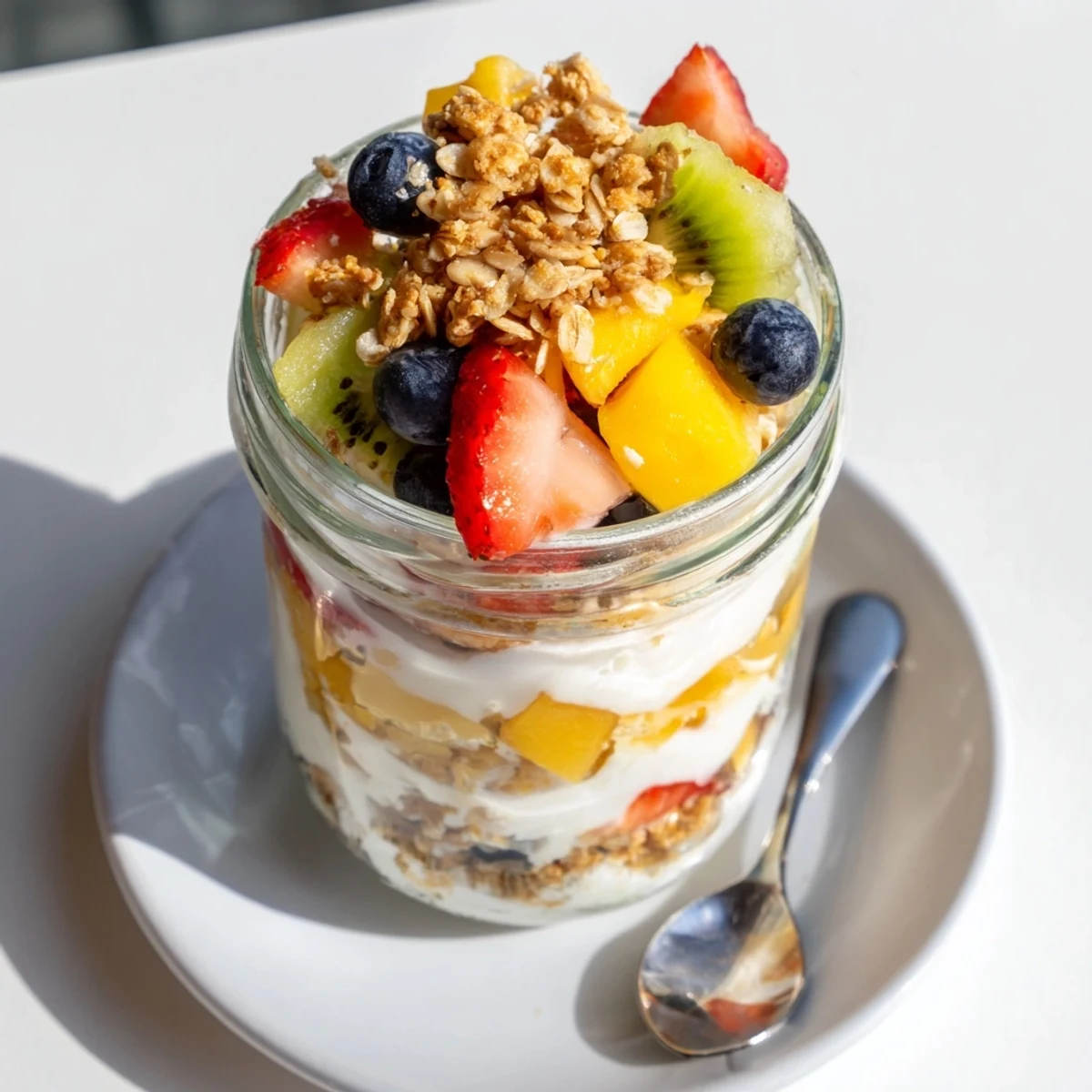 Glass jar displaying Greek yogurt parfait recipe drizzled with golden honey and colorful mixed fruit layers
