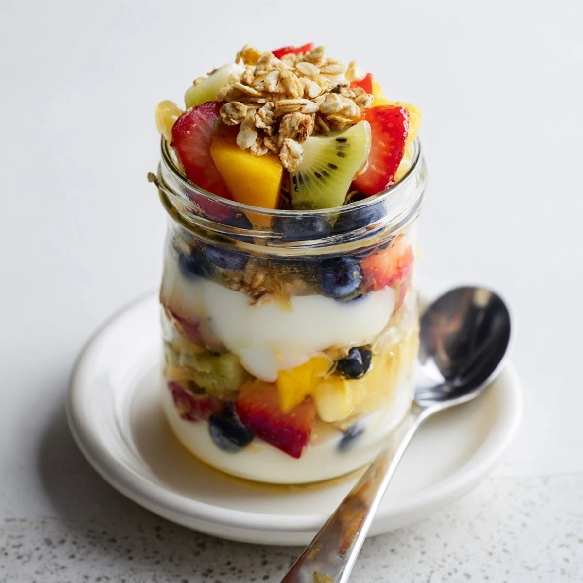 Wholesome yogurt parfait recipe featuring creamy yogurt, sweet honey, sliced strawberries, blueberries, mango, and kiwi