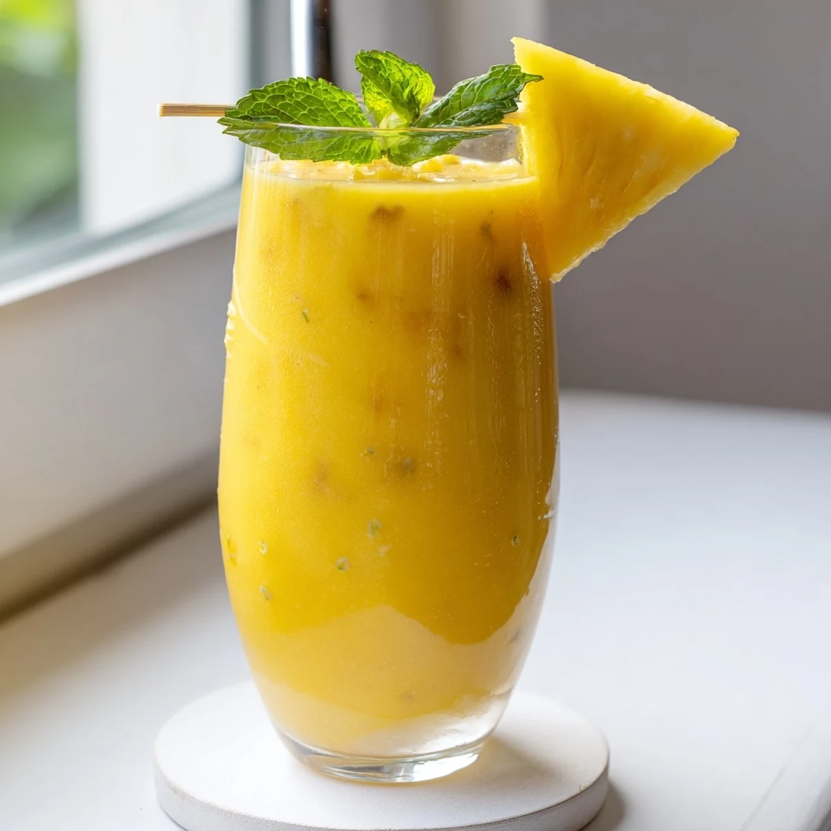 Golden Tropical Pineapple Mango Smoothie Recipe poured into glasses with fresh fruit garnish and mint