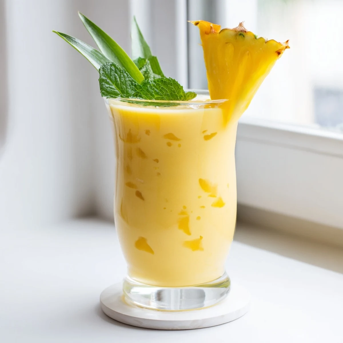 Vibrant yellow pineapple mango smoothie recipe served chilled with pineapple wedges on a sunny day