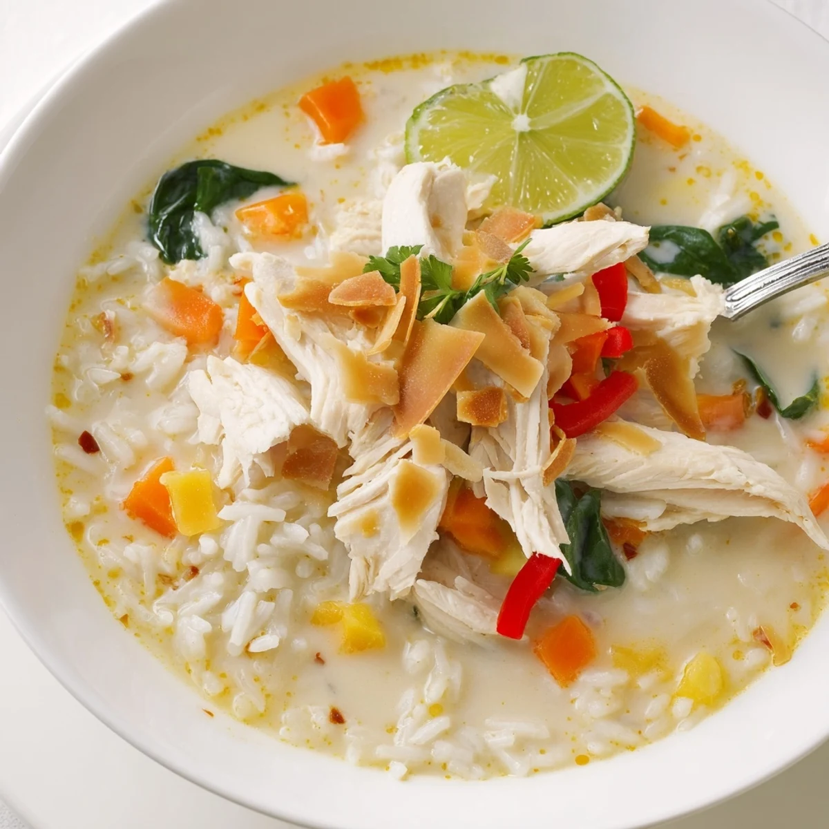 Golden Coconut Chicken Rice Soup Comforting Creamy Bowl Of Flavor steaming, garnished with cilantro