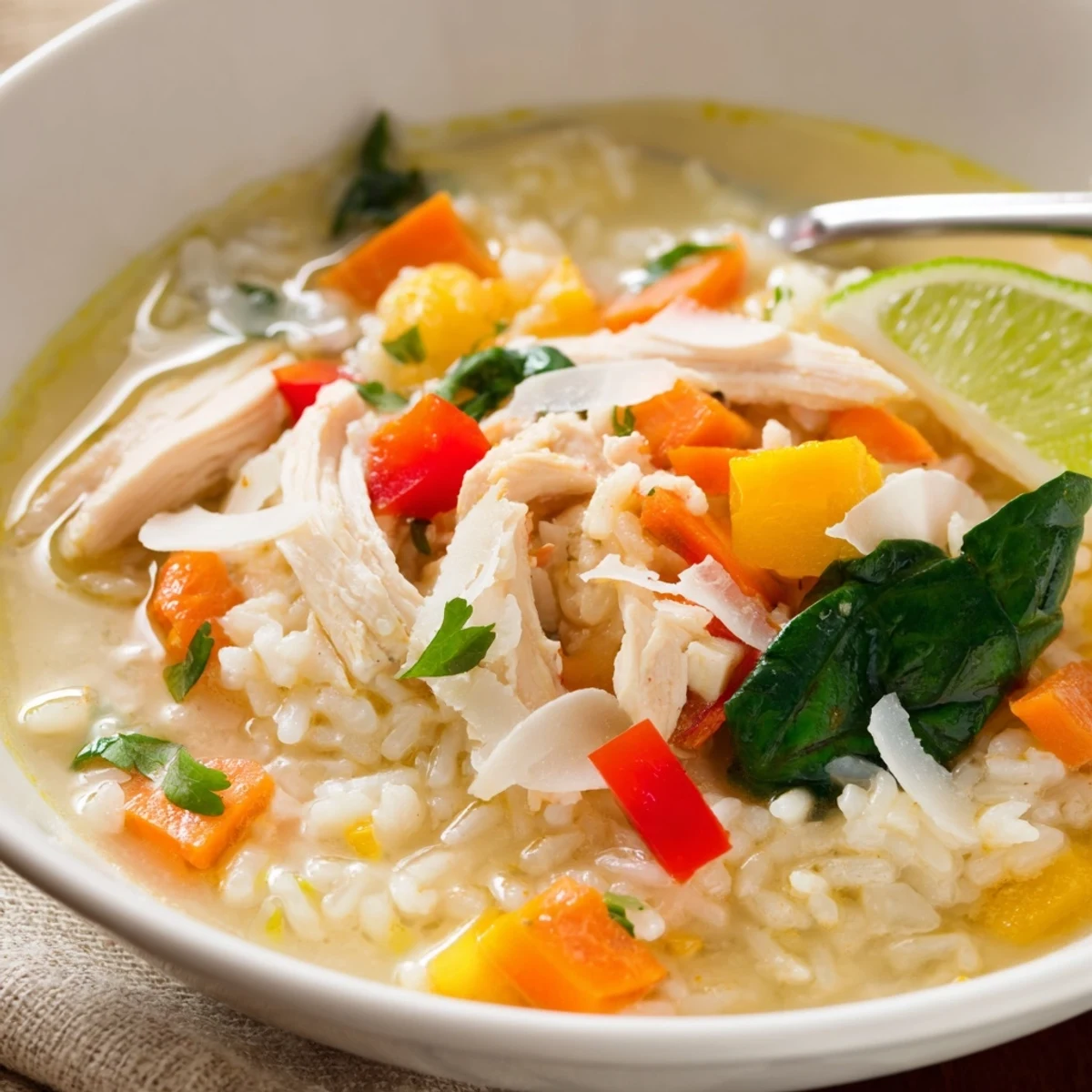 Golden Coconut Chicken Rice Soup Comforting Creamy Bowl Of Flavor served hot with lime