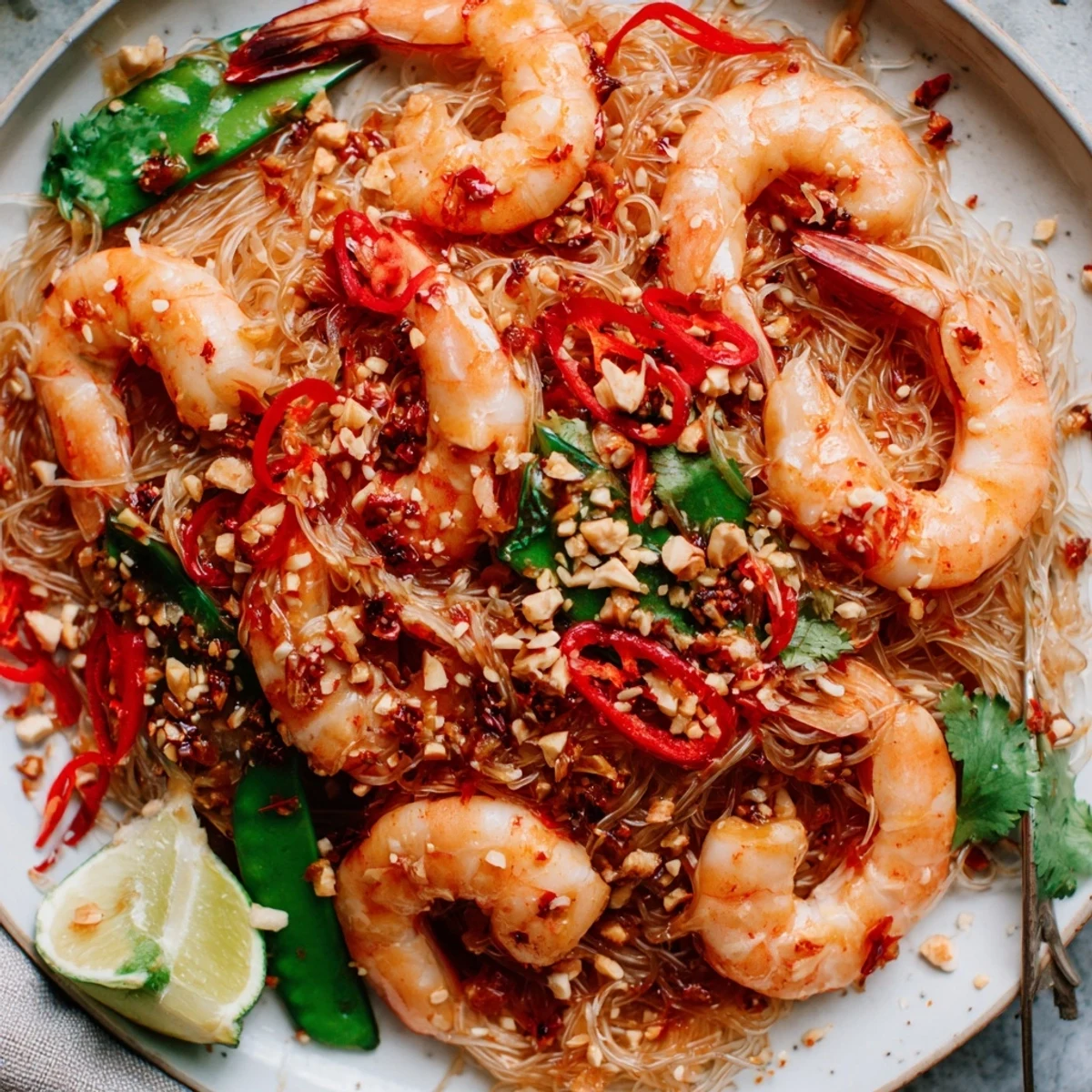 Spicy Garlic Shrimp Noodles Recipe glistening with chili oil, tossed with lime.
