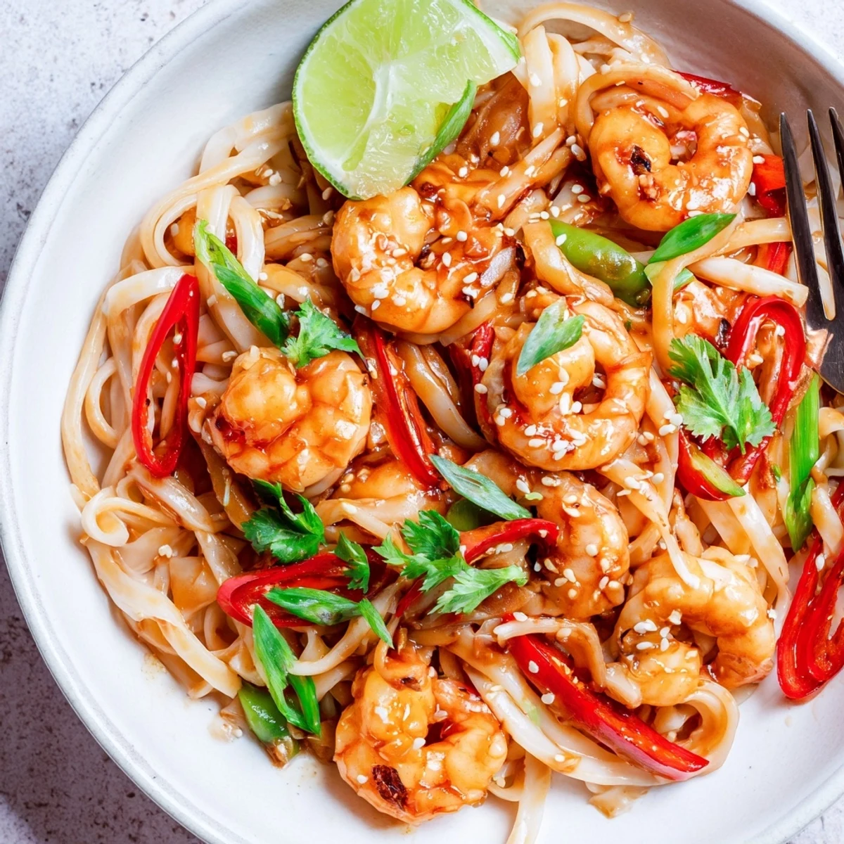 Warm Spicy Garlic Shrimp Noodles Recipe in wok, fragrant cilantro and toasted sesame.