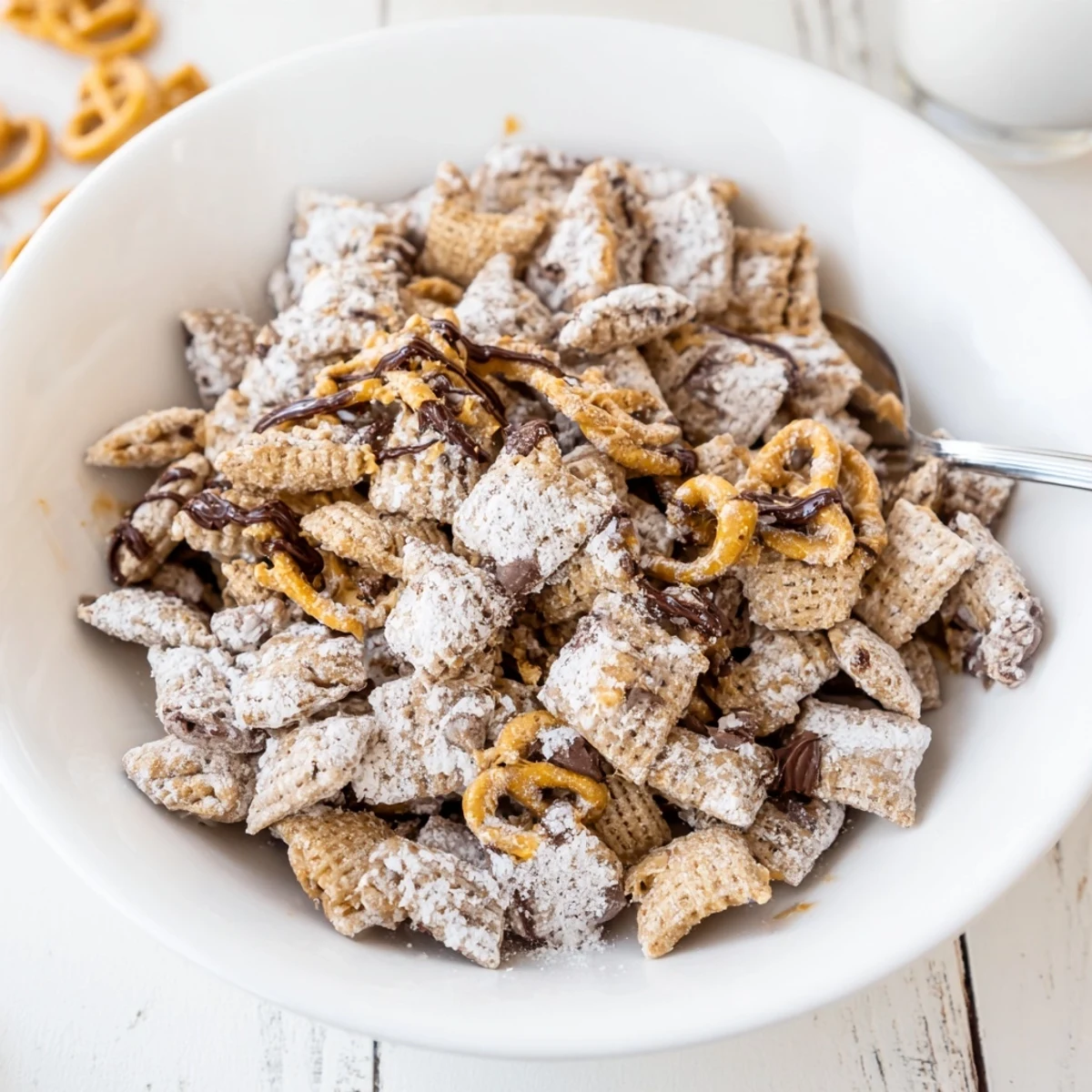 Samoas Puppy Chow Cereal piled in a bowl, glossy chocolate, toasted coconut  
