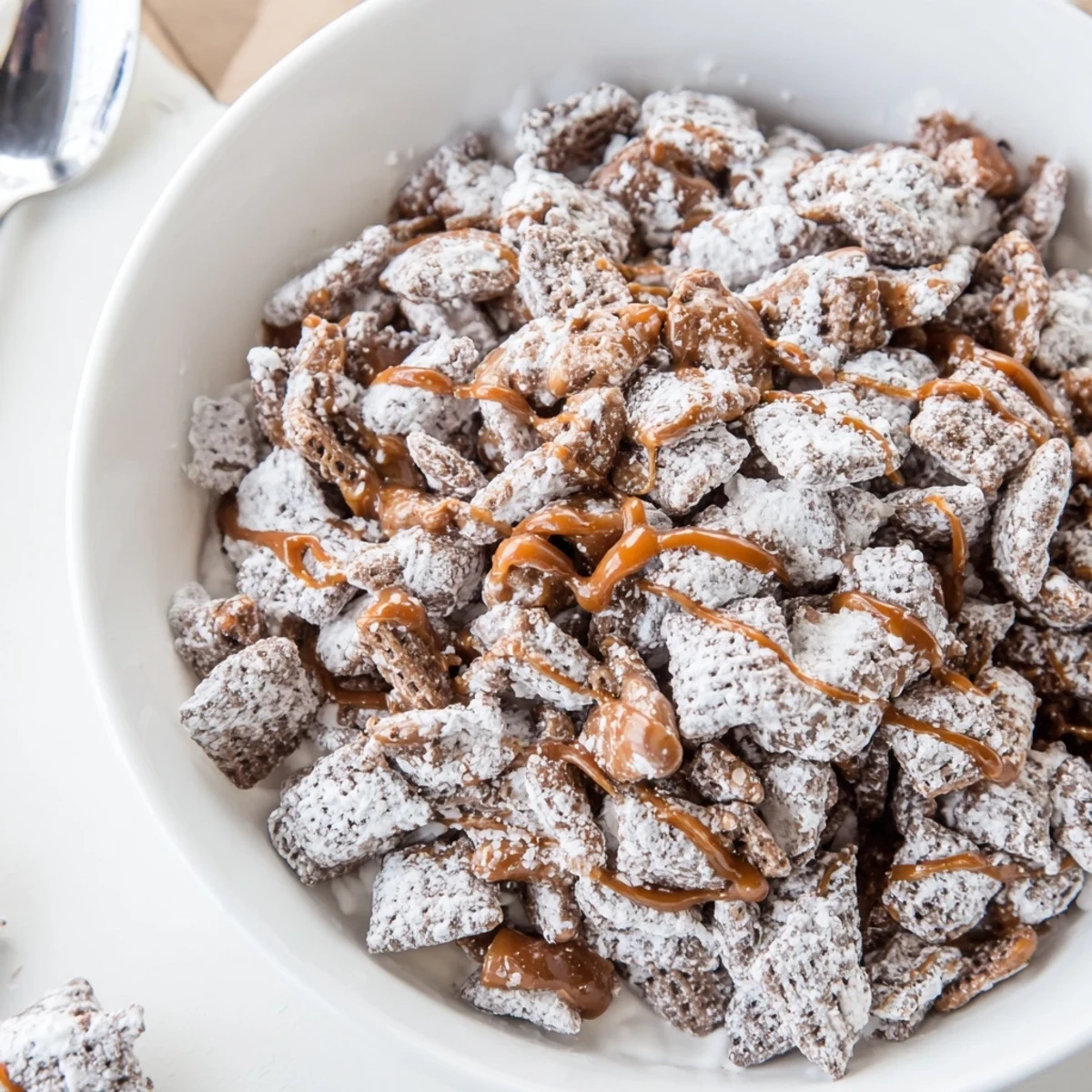 Crunchy Samoas Puppy Chow Cereal in a snack bag, toasted coconut flakes