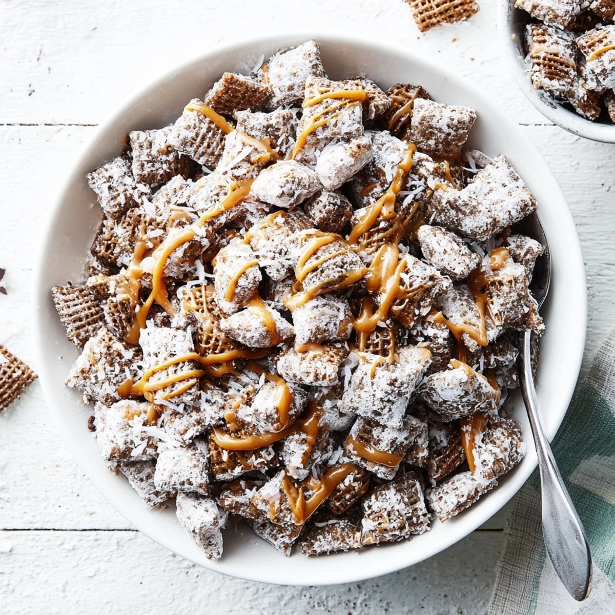 Freshly tossed Samoas Puppy Chow Cereal in powdered sugar with caramel drizzle  