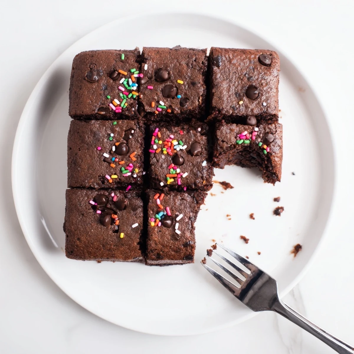 Warm Sourdough Cosmic Chocolate Brownies topped with melting scoop of vanilla ice cream.
